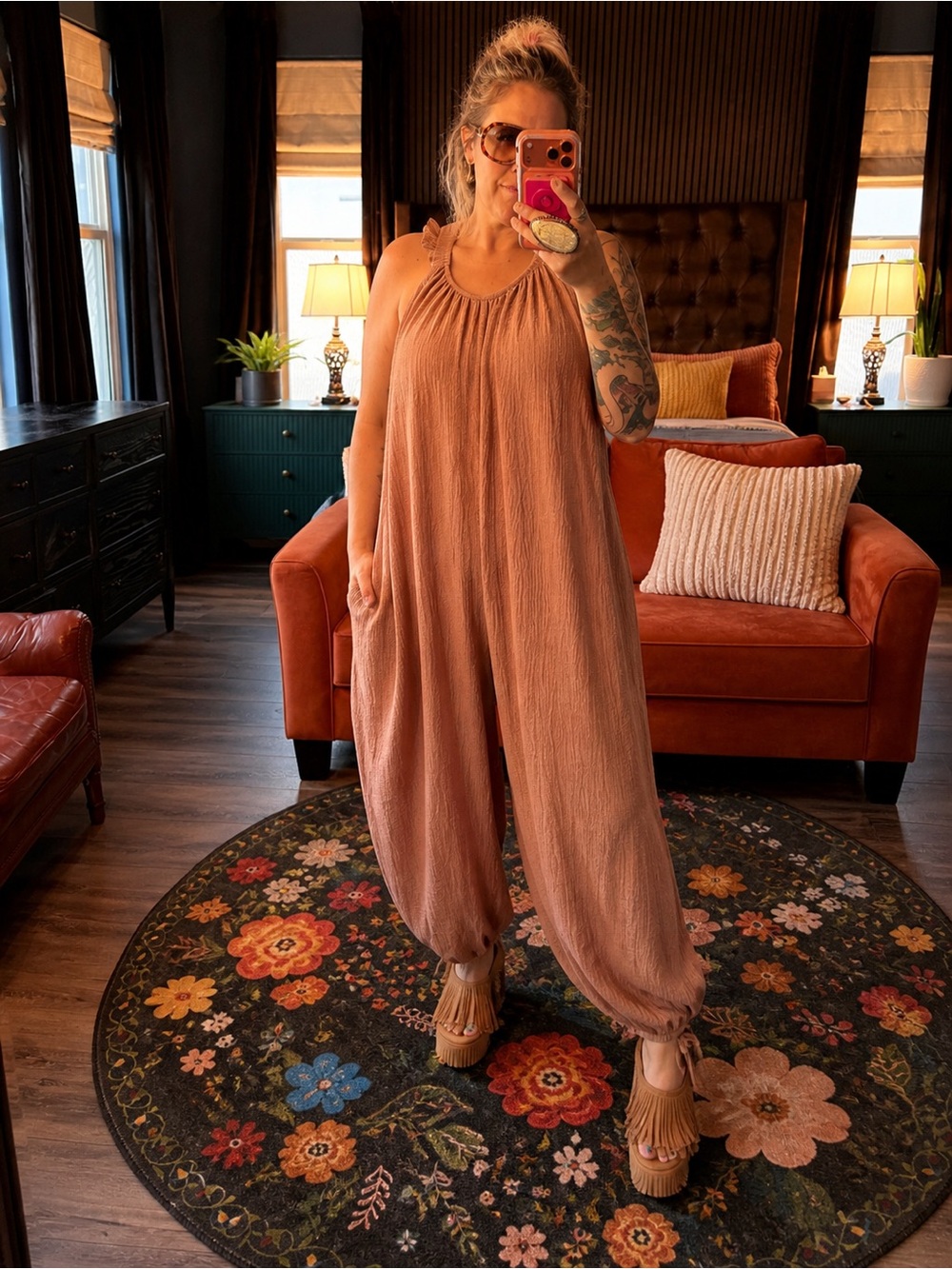 Three Bird Nest Velvet Jumpsuit XL Dusty Rose Boho Wide Leg Romper NWT